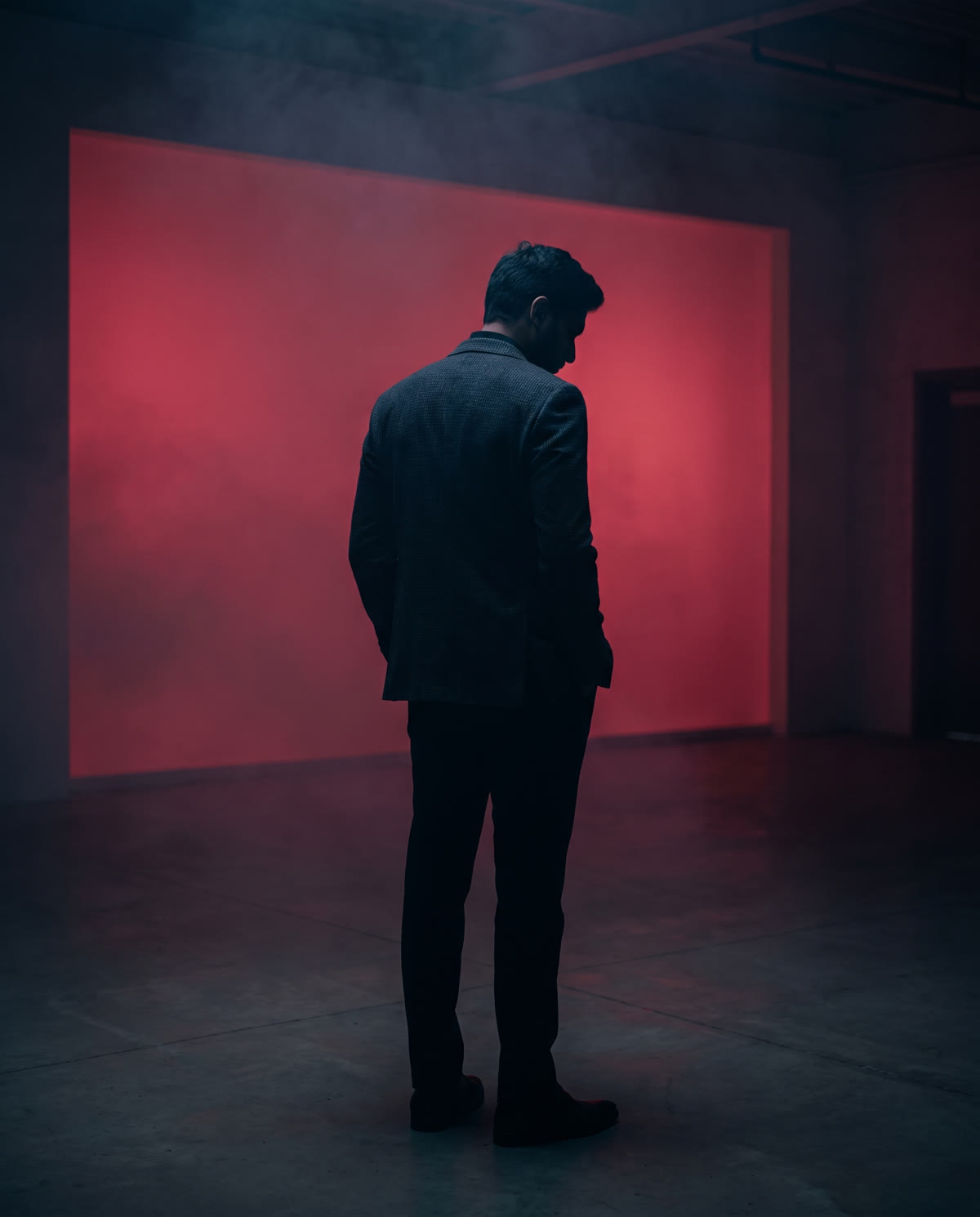 Founder in a dark studio facing a wall of crimson light